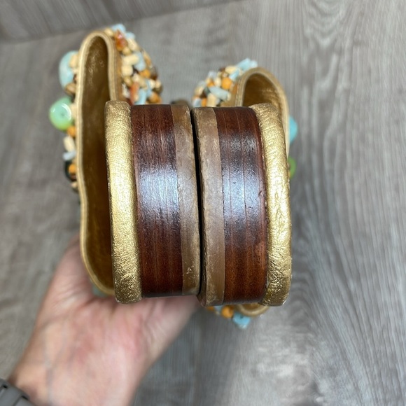 Bridget Shuster Gold Leather Thong Slip On Sandals Beaded Natural Stones 6.5 - Picture 13 of 15